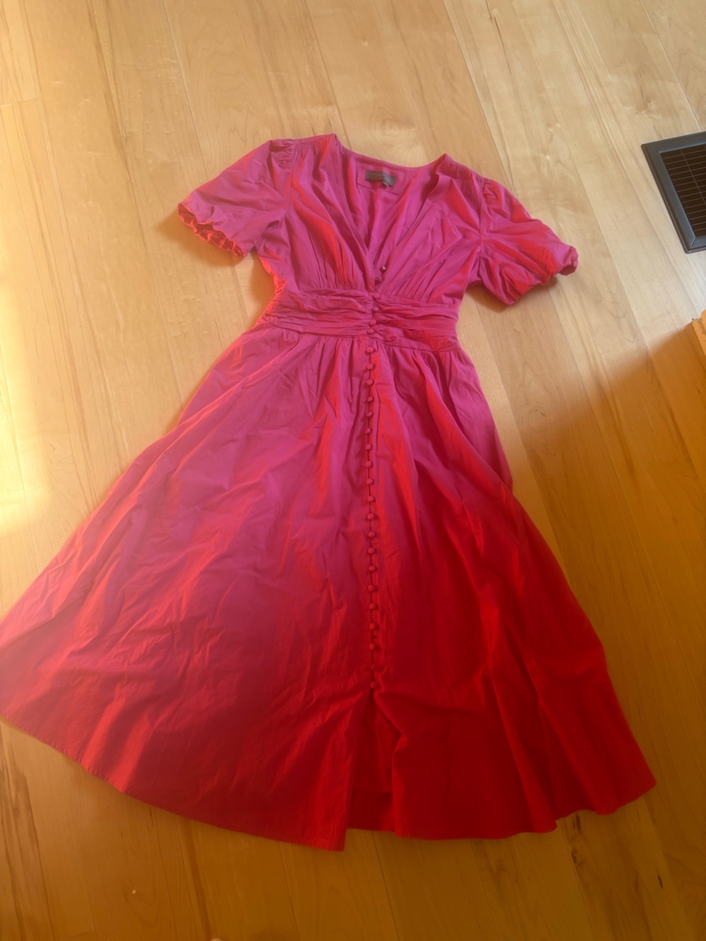 Anthropologie Hot Pink Button-Front Gathered Waist Dress